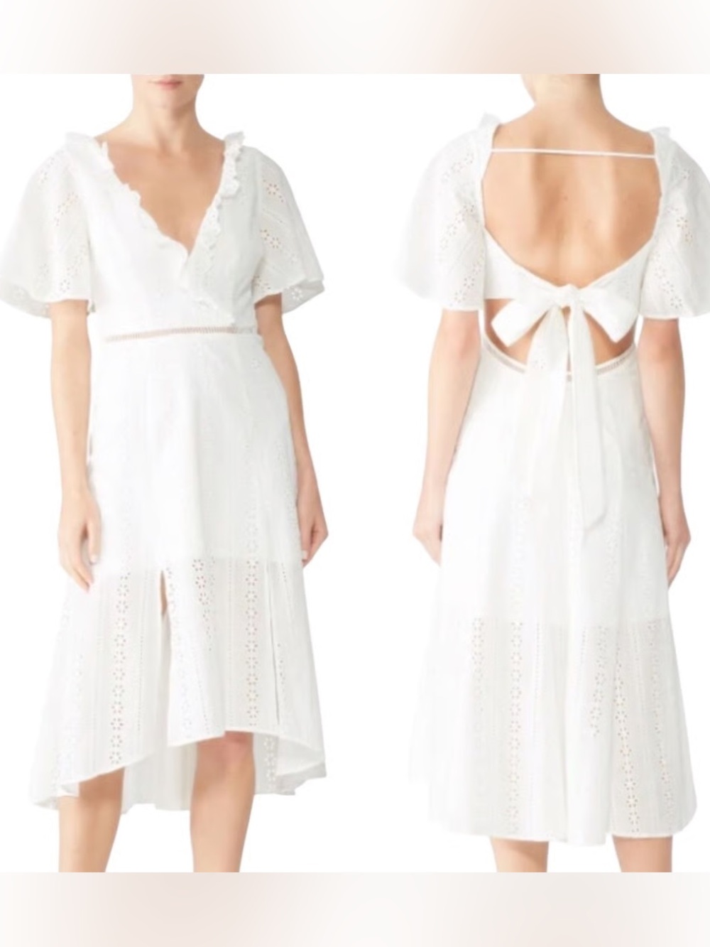 Sundays V neck dress by Finders Keepers in white lace, open back tie detail